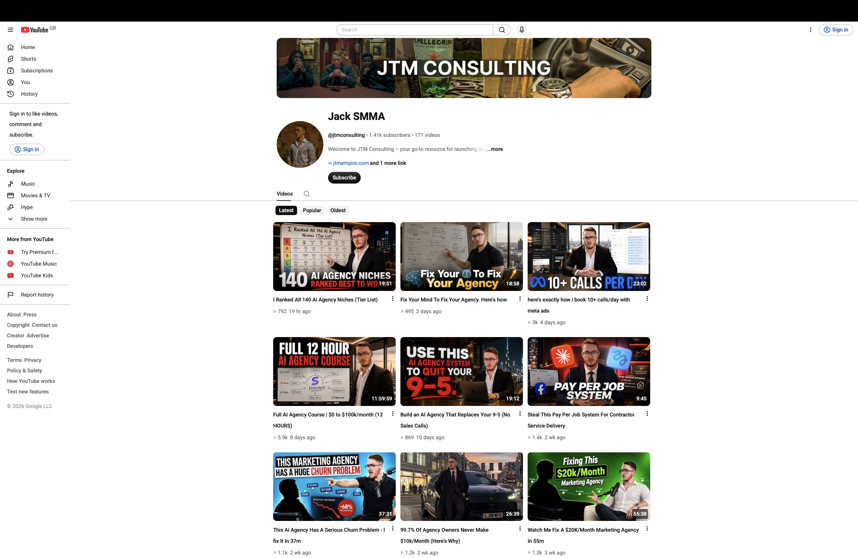 Jack McCormack’s public YouTube education library showing videos about agency niches, Meta advertising, systems, and contractor service delivery