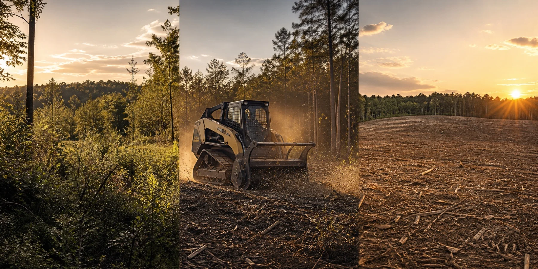 Overgrown acreage, forestry mulching in progress, and a cleared homesite